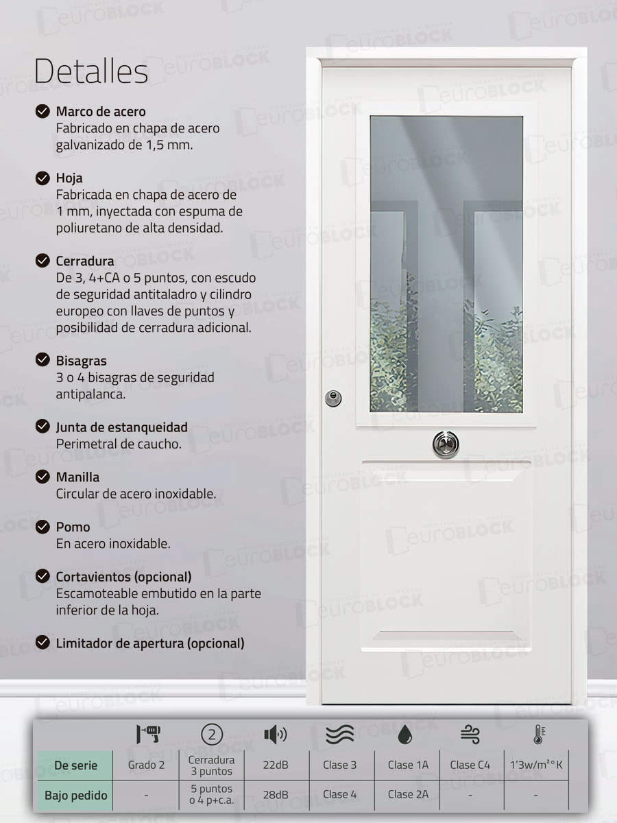 Puerta Galvanizada Metálica Clas-CR | 1110 Saga 100 Cristal Blanca (Cara Interior Lisa)
